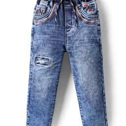Olio Kids Woven Full Length Denim Jeans With Embroidery - Blue-picture-36
