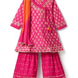 Exclusive from Jaipur Cotton Woven Three Fourth Sleeves Kurta Gharara Set & Dupatta with Floral Print & Lace Detailing - Dark Pink-image-48
