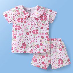 Doodle Poodle 100% Cotton Half Sleeves Shorts Front Open Co-ord Night Suit With Floral Print - White & Pink-picture-40