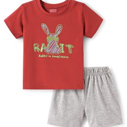 Babyhug Single Jersey Knit Half Sleeves T-Shirt & Shorts Set with Animal Print & Text - Red & Grey-image-17