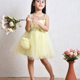 Bella Moda Net Sleeveless Flower Applique Detailed Dress With Sling Bag Set - Yellow-picture-34