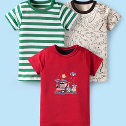 Kidi Wav Cotton Pack Of 3 Half Sleeves Vehicles Printed & Striped Tees - Multi Colour-image-58