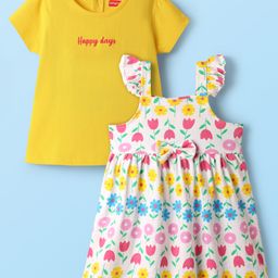 Babyhug Single Jersey Knit Half Sleeves Frock & Inner Tee with Floral Print - White-image-17