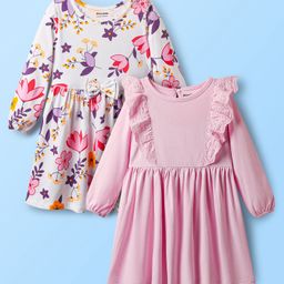 Honeyhap 100% Premium Cotton Full Sleeves Frock with Floral Print & Frill Detailing Pack of 2 - Pink & White-image-24