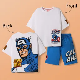 Pine Kids Marvel Single Jersey Drop Shoulder Half Sleeves T-Shirts & Short Set with Front & Back Captain America Graphics - White & Blue-picture-6