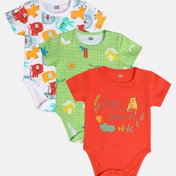 MINI KLUB Cotton Knit Pack Of 3 Half Sleeves Baby Animals & Typography Printed Onesies - Red Green & White-image-18