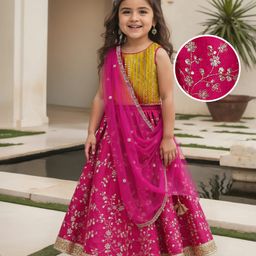 Babyhug Woven Sleeveless Lehenga Choli & Dupatta With Floral & Sequin Embriodery - Fuschia-image-44