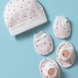 Ben Benny 100% Cotton Cap Mitten & Booties Set With Star Print Peach - Diameter 10 cm-picture-1
