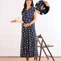 Bella Mama Cotton Knit Half Sleeves Nighty With Concealed Zipper Floral & Animal Print Nighty - Navy Blue-image-65