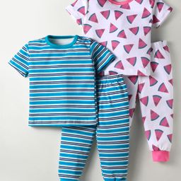 Kidi Wav Cotton Pack Of 2 Half Sleeves Striped & Watermelon Printed Tees & Coordinating Joggers Set - Multi Colour-image-2
