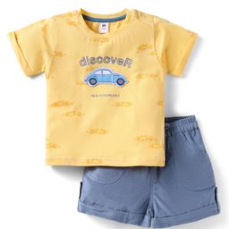 ToffyHouse Interlock Woven Half Sleeves T-Shirt & Shorts Set with Vehicle Print - Yellow & Blue-picture-15