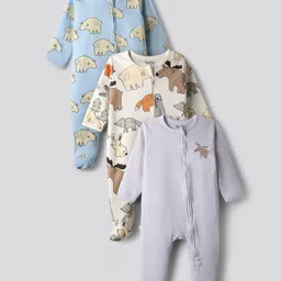 Bonfino 100% Cotton Knit Full Sleeves Footed Sleepsuits with Animal Print Pack of 3 - Grey Light Blue & White-picture-11