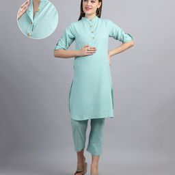 Moms Maternity Cotton Blend Woven Half Sleeves Solid Maternity Kurti With Front Open Nursing Access & Pant Set - Mint Green-image-65