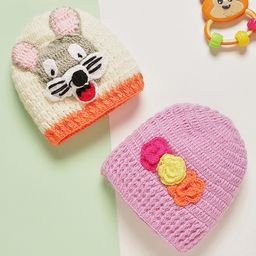 MayRa Knits Knitted Knit Pack Of 2 Floral & Animal Face Designed Crochet Caps - Pink & Cream-picture-27