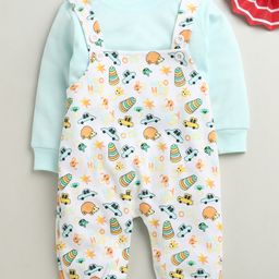 BUMZEE Cotton Knit Full Sleeves Dungaree & Tee With Vehicle Print - Light Blue-picture-21