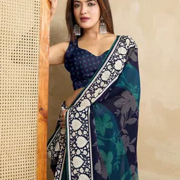 DIVASTRI Floral Printed Zari Woven Design Pure Georgette Saree-image-40