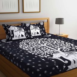 Rajasthan Decor Black & White Abstract Flat 144 TC Cotton 1 King Bedsheet with 2 Pillow Covers-image-49