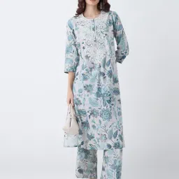 Utsa by Westside Teal Floral Pattern A-Line Kurta-picture-12