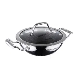 Bergner Hitech Silver Stainless Steel Induction Base Kadai 24 cm diameter with Lid - Set of 1-39