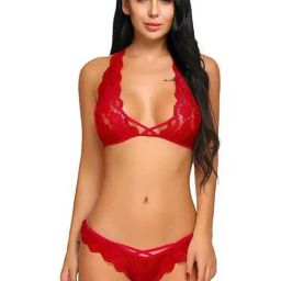 AROUSY Red Self Pattern Lingerie Set-image-69