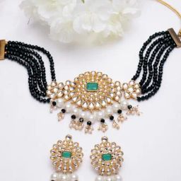 Panash Gold Plated Green & White Kundan Studded & Pearl Beaded Jewellery Set-32