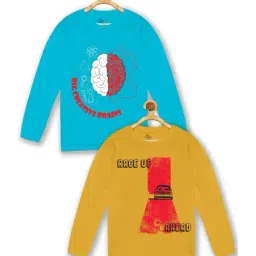 Kiddopanti Kids Aqua Blue & Mustard Cotton Printed Full Sleeves T-Shirt (Pack of 2)-image-71