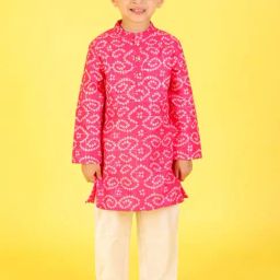 Lil Drama Kids Pink with White Printed Full Sleeves Kurta with Pyjamas-image-33