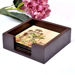 Home Sparkle Brown & Green 7 Pieces Printed Square Coasters With Holder-picture-48