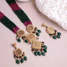 Panash Gold Plated AD Stone Studded & Beaded Jewellery Set-image-4