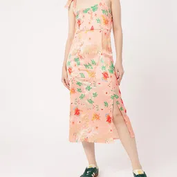 DressBerry Enduring Chic Satin Finish Printed Side Slit A-Line Midi Dress-image-30