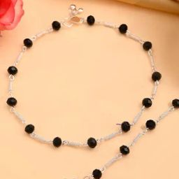 VOJ Silver Plated Black Beads Anklet Set of 2-17