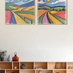 Nestroots Crayon Hand Drawn Gold Frame Landscape Canvas Wall Painting - Set of 2-29