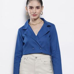 SASSAFRAS Women Blue Cotton Crop Tailored Jacket-image-86