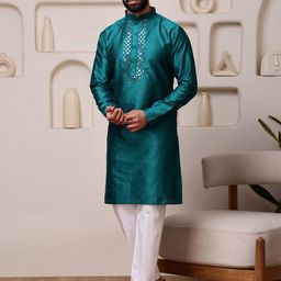 Vardha Men Embroidered Mirror Work White Romance Jacquard Kurta-image-67