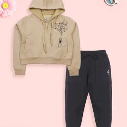Kiddopanti Girls Beige & Black Printed Track Suit-image-52