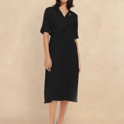 RAREISM Black Cotton Blend Solid Short Sleeves Dress-image-45