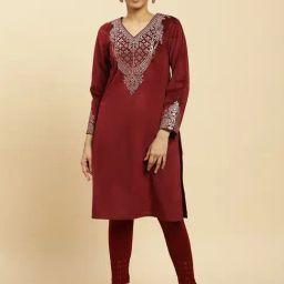 W Blue Velvet Embroidered Straight Kurta-image-53