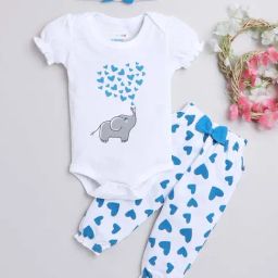 Bumzee Kids White & Blue Cotton Printed Bodysuit Set-image-15