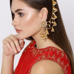 YouBella Off-White Gold-Plated Beaded Jhumkas with Ear Chains-12