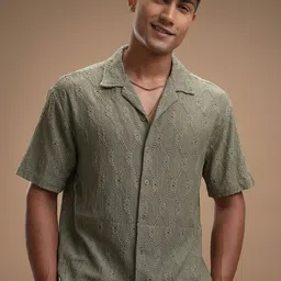 HIGHLANDER Men Comfort Relaxed Fit Textured Cuban Collar Casual Shirt-picture-41