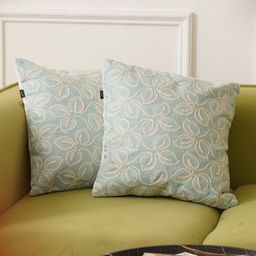 HOME 360 Blue & White 2 Pieces Floral Embroidered Cotton Silk Square Cushion Covers-image-21
