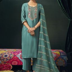 KALINI Ethnic Motifs Embroidered Straight Kurta With Trouser &Dupatta-image-30