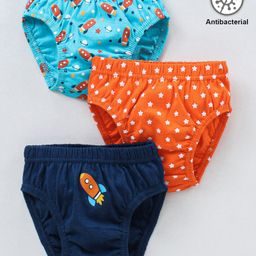 Babyhug Antibacterial Cotton Briefs Rocket And Star Print Pack Of 3 - Blue Orange-image-37
