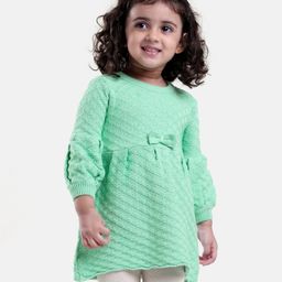 Babyoye Cotton Full Sleeves Woollen Dress With Bow Applique - Green-picture-19