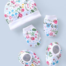 Babyhug 100% Cotton Cap Mitten & Booties Floral Print White- Diameter 11 cm-15