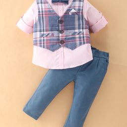 ToffyHouse Full Sleeves Shirt & Trouser With Waist Coat & Bow Checkered - Pink & Navy Blue-picture-40