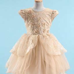 Mark & Mia Sleeveless Party Dress with Floral Corsage Motif & Pearl Detailing - Beige-image-3