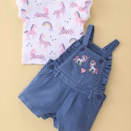 ToffyHouse Cotton Dungaree with Half Sleeves Unicorn Printed Inner T-Shirt - Navy Blue & White-image-76