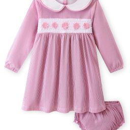 Babyhug 100% Cotton Single Jersey Knit Full Sleeves Striped Frock With Bloomer & Floral Applique - Pink-image-39