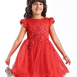 Mark & Mia Cap Sleeves Knee Length Partywear Frock with Floral Applique  -Red-image-92